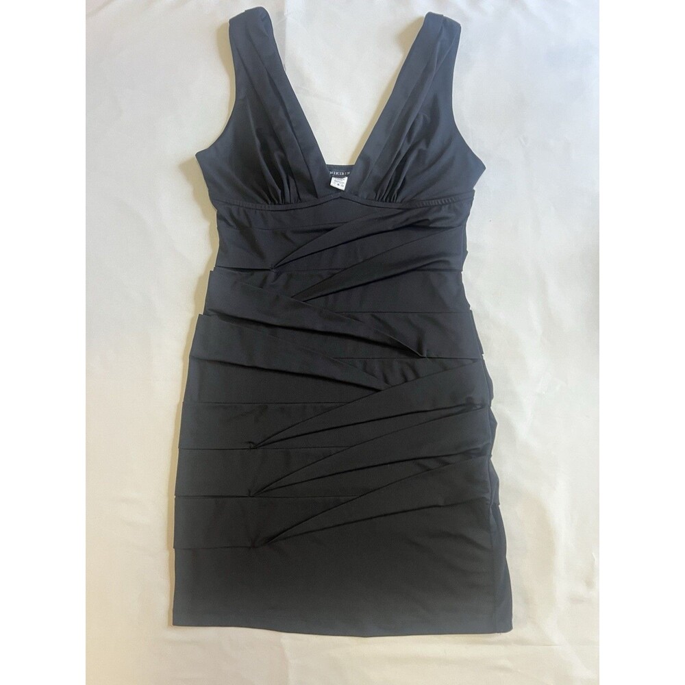 Nikibiki Black Bodycon Mini Dress M V-Neck Bandage Style Ruched Sleeveless Party